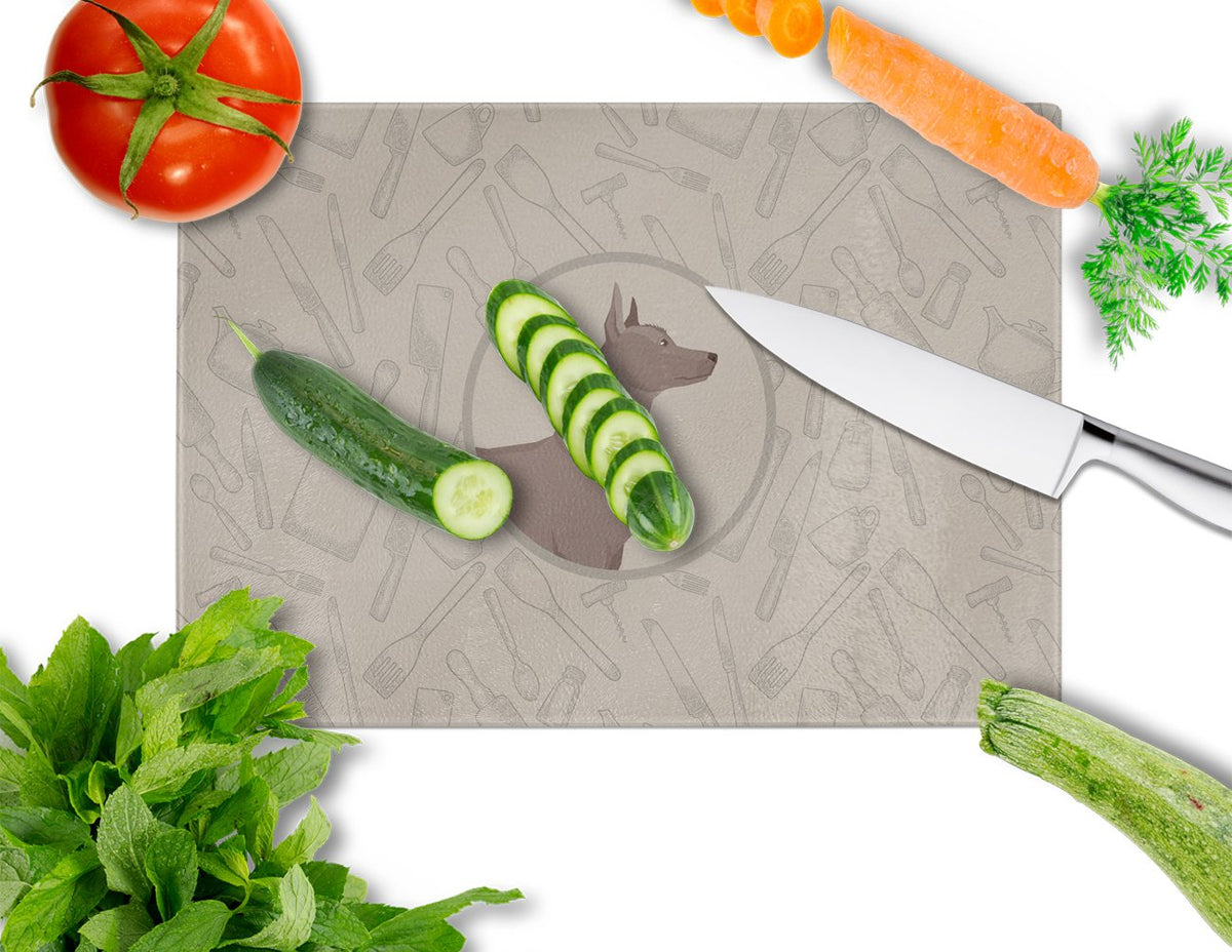 Mexican Hairless Dog Xolo In the Kitchen Cutting Board Tempered Glass Kitchen Cutting Surface, Heat Resistant Chopping, Non-Slip Feet, Food Prep & Serving