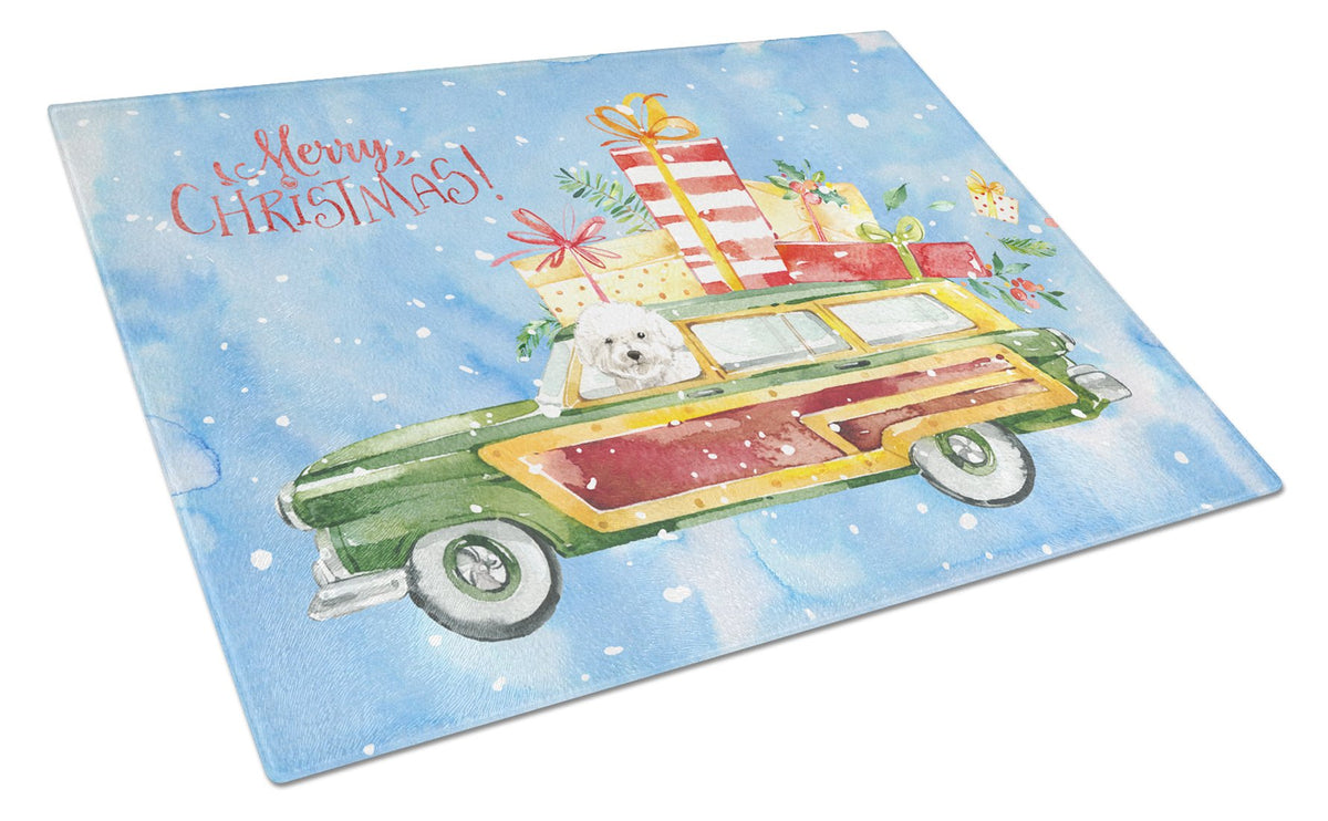 Merry Christmas Bichon Frisé Cutting Board Tempered Glass Kitchen Cutting Surface, Heat Resistant Chopping, Non-Slip Feet, Food Prep & Serving