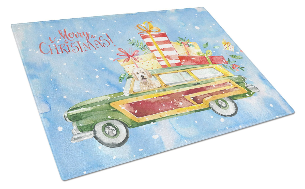 Merry Christmas Goldendoodle Cutting Board Tempered Glass Kitchen Cutting Surface, Heat Resistant Chopping, Non-Slip Feet, Food Prep & Serving