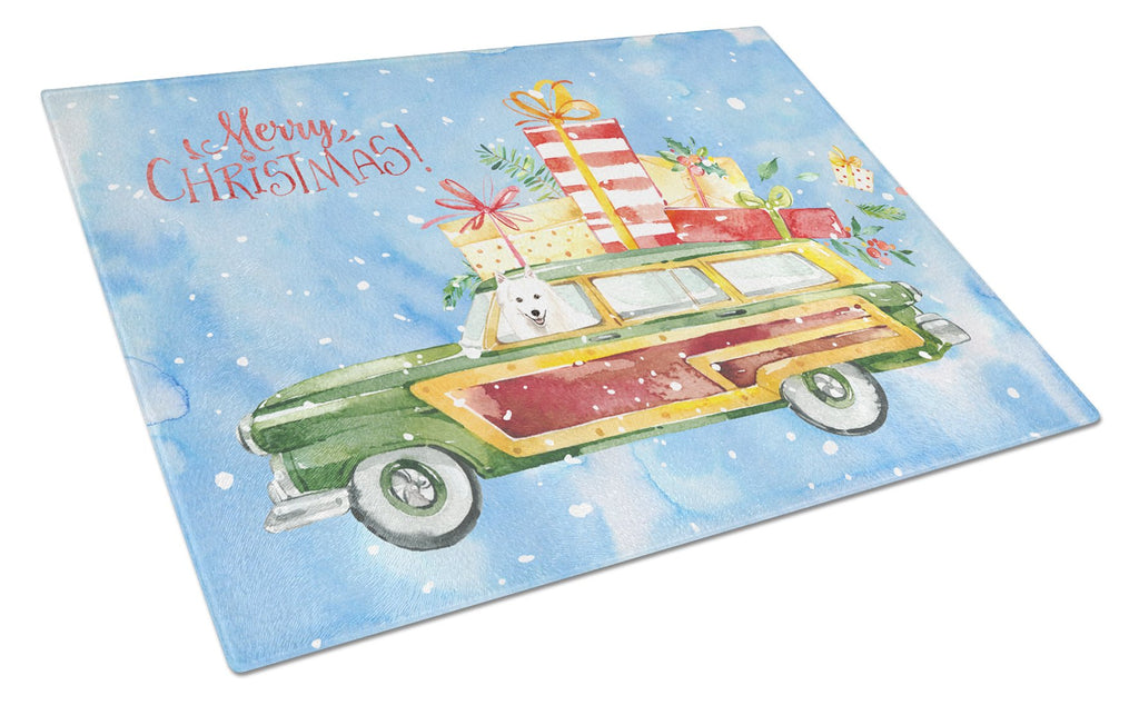 Merry Christmas Japanese Spitz Cutting Board Tempered Glass Kitchen Cutting Surface, Heat Resistant Chopping, Non-Slip Feet, Food Prep & Serving