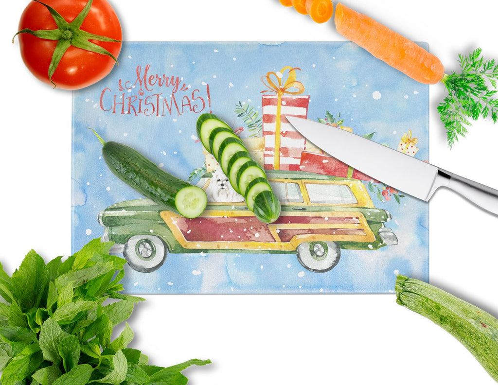 Merry Christmas Maltese Cutting Board Tempered Glass Kitchen Cutting Surface, Heat Resistant Chopping, Non-Slip Feet, Food Prep & Serving