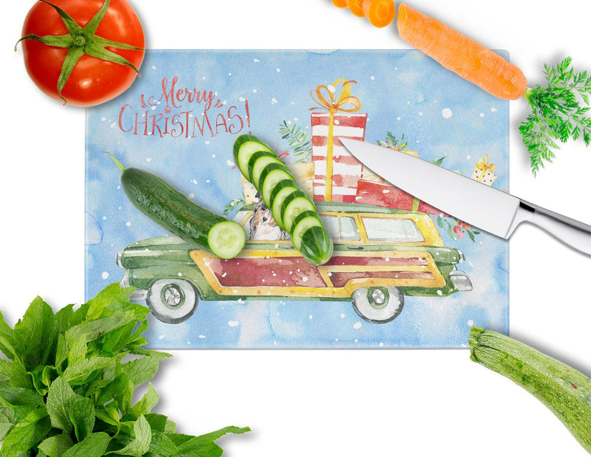 Merry Christmas Australian Shepherd Cutting Board Tempered Glass Kitchen Cutting Surface, Heat Resistant Chopping, Non-Slip Feet, Food Prep & Serving
