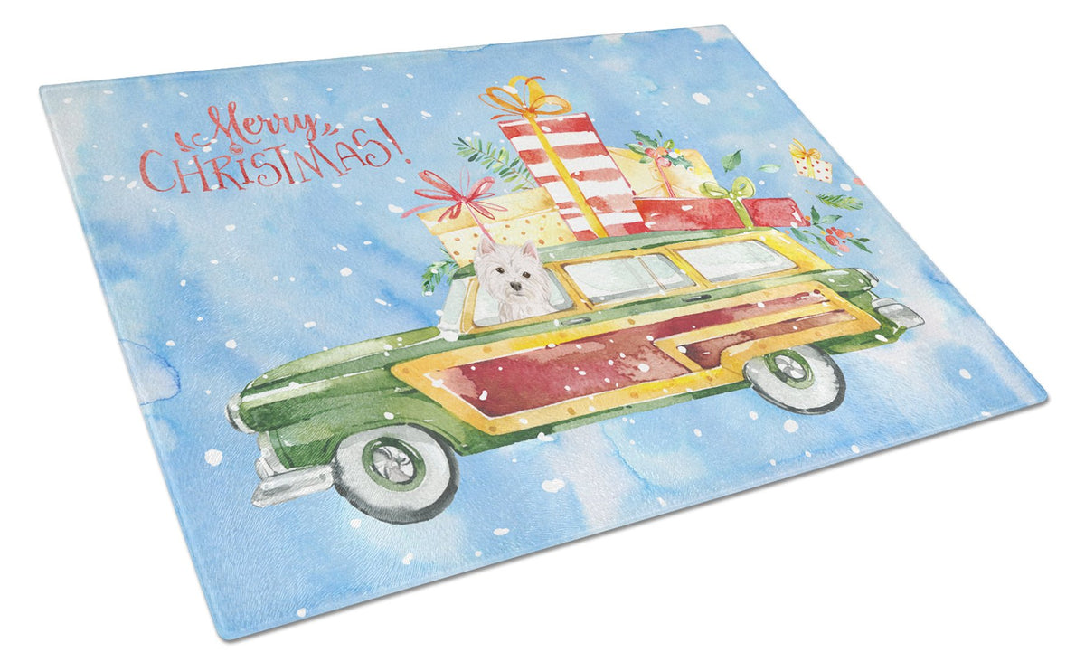 Merry Christmas Westie Cutting Board Tempered Glass Kitchen Cutting Surface, Heat Resistant Chopping, Non-Slip Feet, Food Prep & Serving