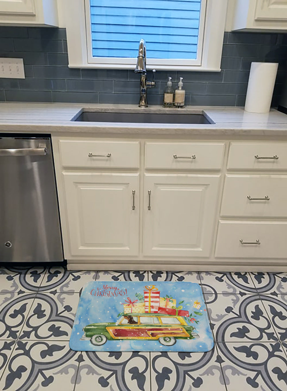 Merry Christmas Dachshund Memory Foam Kitchen Mat Machine Washable Anti-Fatigue Cushion Comfort Bath or Kitchen Rug