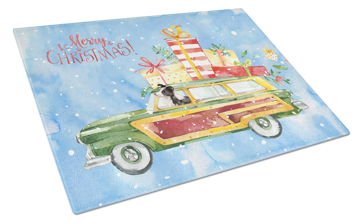 Merry Christmas Border Collie Cutting Board Tempered Glass Kitchen Cutting Surface, Heat Resistant Chopping, Non-Slip Feet, Food Prep & Serving