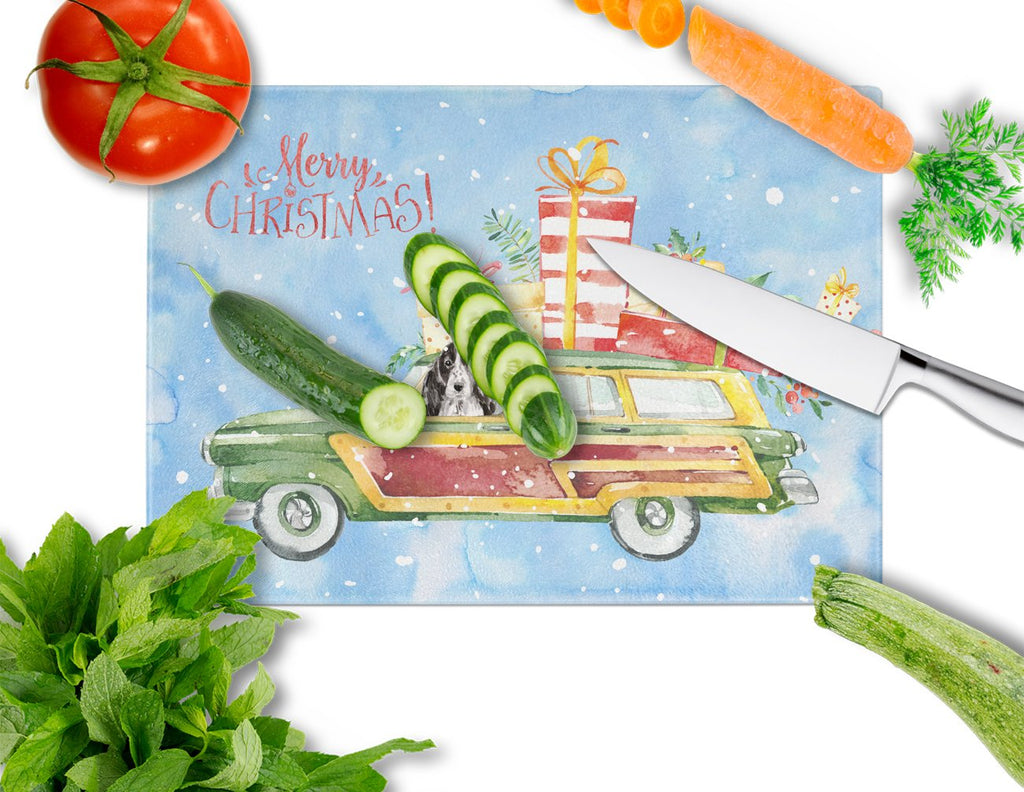 Merry Christmas Black Parti Cocker Spaniel Cutting Board Tempered Glass Kitchen Cutting Surface, Heat Resistant Chopping, Non-Slip Feet, Food Prep & Serving