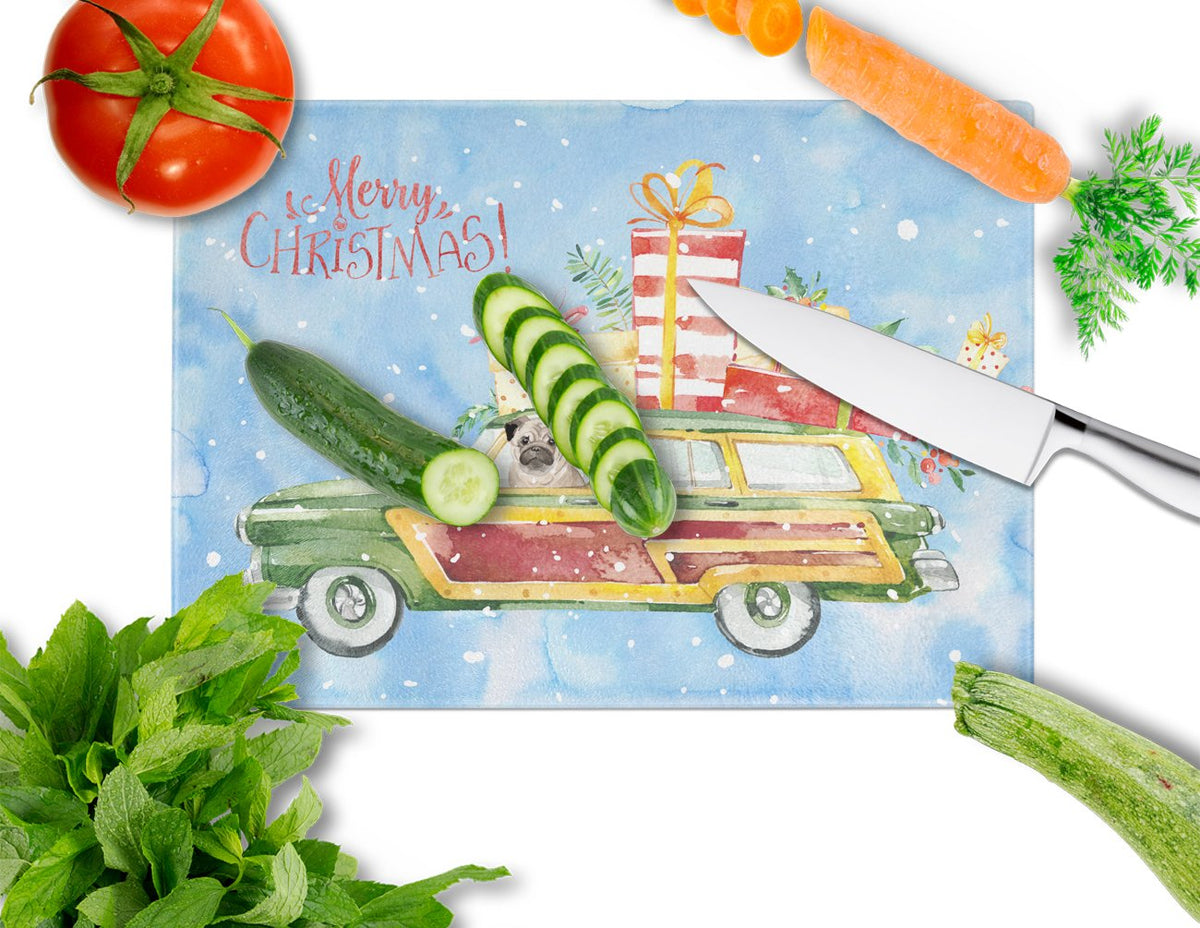 Merry Christmas Pug Cutting Board Tempered Glass Kitchen Cutting Surface, Heat Resistant Chopping, Non-Slip Feet, Food Prep & Serving