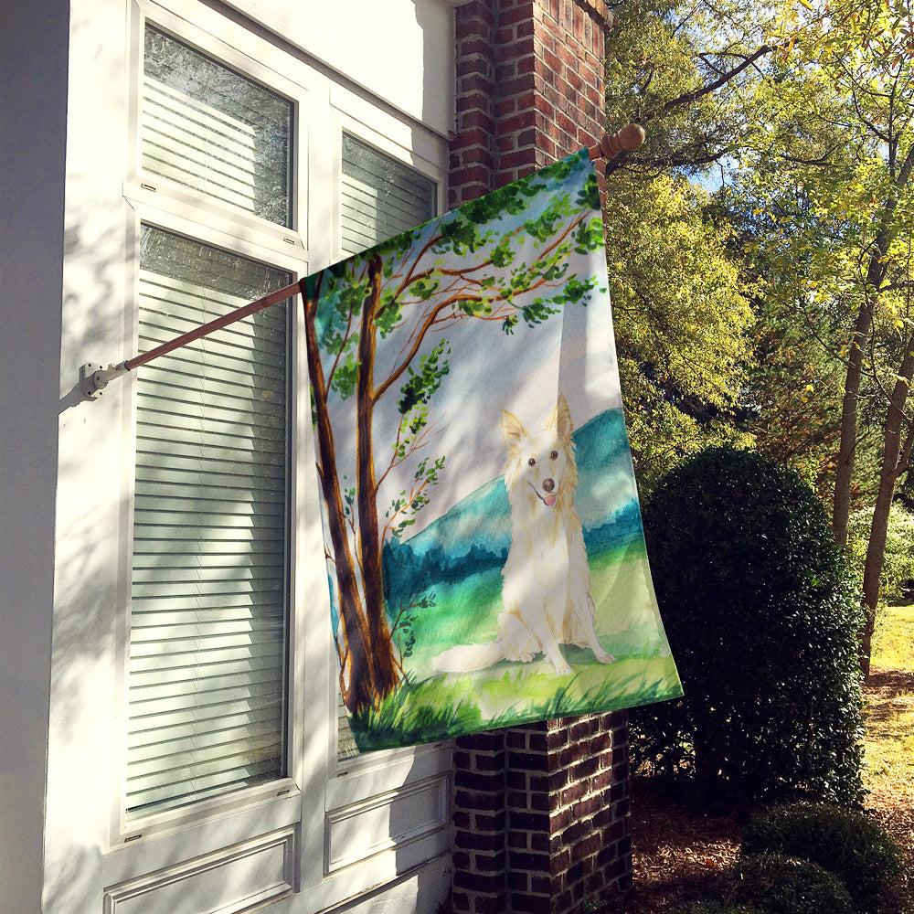 Under the Tree White Collie House Flag 28x40 Porch Sleeve Pole Decorative Outside Yard Banner Artwork Wall Hanging, Polyester