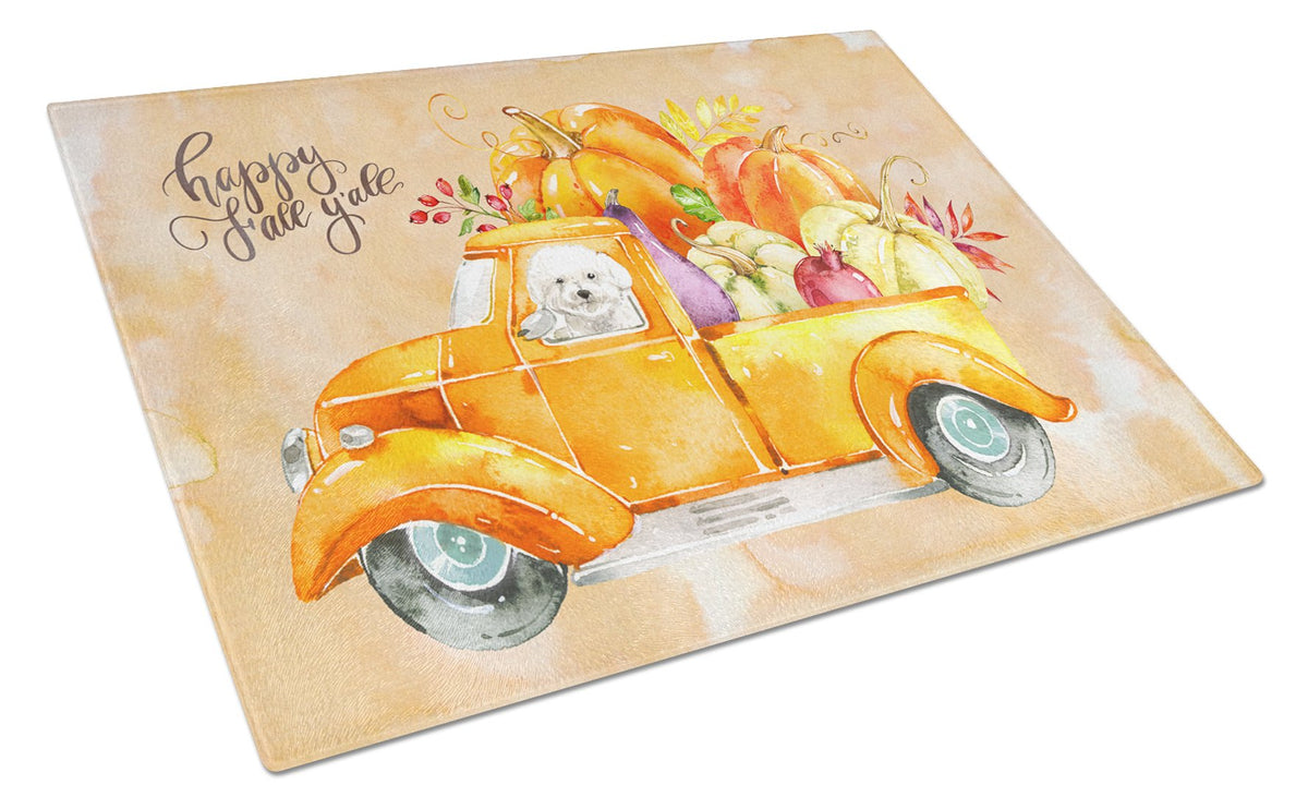 Fall Harvest Bichon Frisé Cutting Board Tempered Glass Kitchen Cutting Surface, Heat Resistant Chopping, Non-Slip Feet, Food Prep & Serving