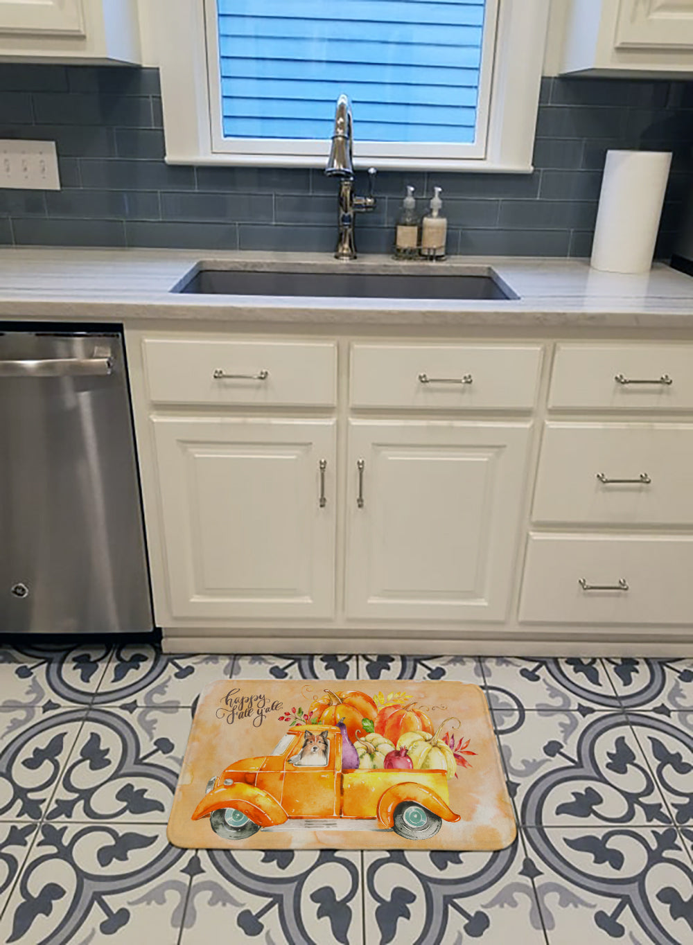 Fall Harvest Sheltie Memory Foam Kitchen Mat Machine Washable Anti-Fatigue Cushion Comfort Bath or Kitchen Rug
