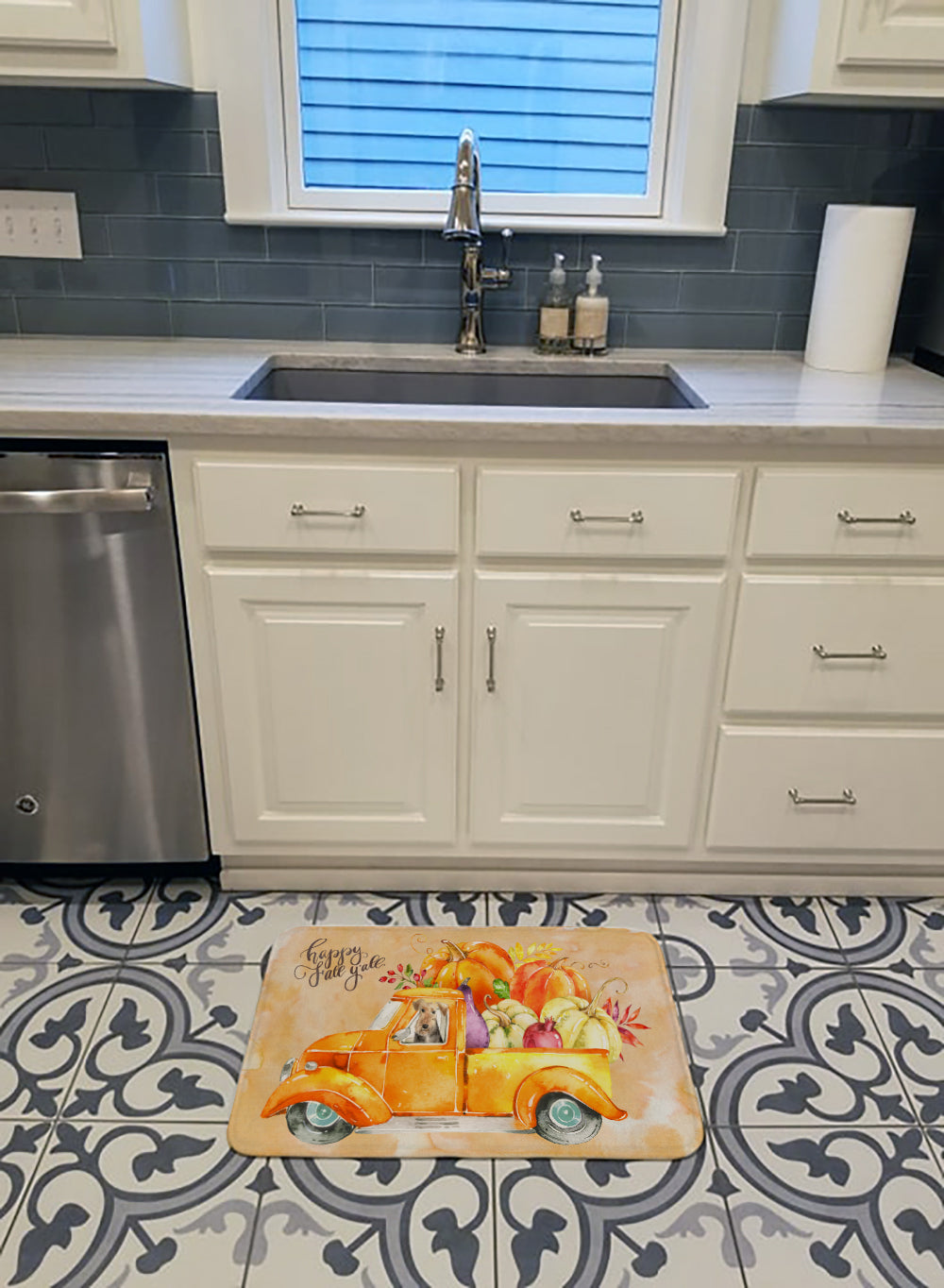 Fall Harvest Welsh Terrier Memory Foam Kitchen Mat Machine Washable Anti-Fatigue Cushion Comfort Bath or Kitchen Rug