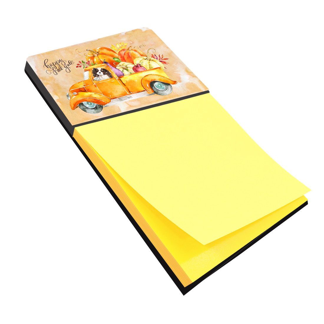 Fall Harvest Tricolor Cavalier Spaniel Watercolor Sticky Note Holder Refillable Dispenser Desk Accessory 3x3 Pad Gift