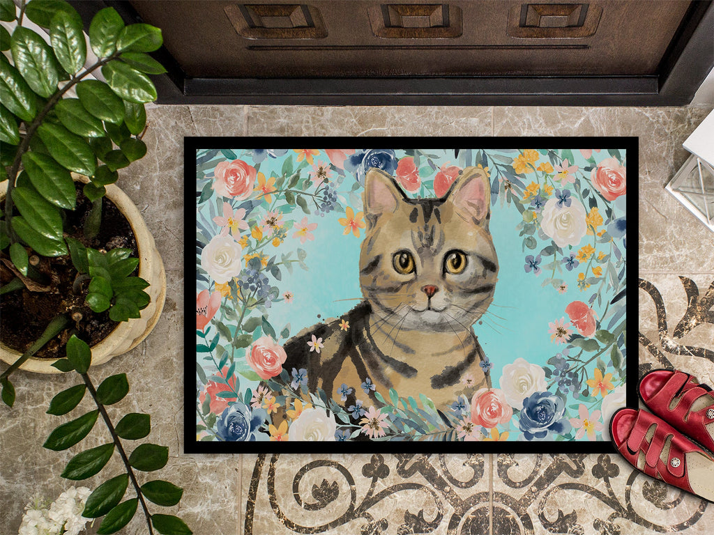 American Shorthair Brown Tabby Spring Flowers Doormat Indoor Outdoor 18H X 27W Front Door Mat Rugs for Entryway, Non Slip Washable