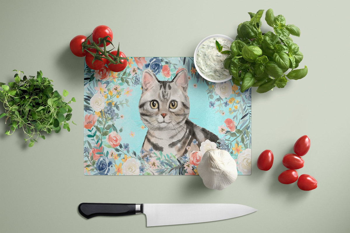 American Shorthair Spring Flowers Cutting Board Tempered Glass Kitchen Cutting Surface, Heat Resistant Chopping, Non-Slip Feet, Food Prep & Serving