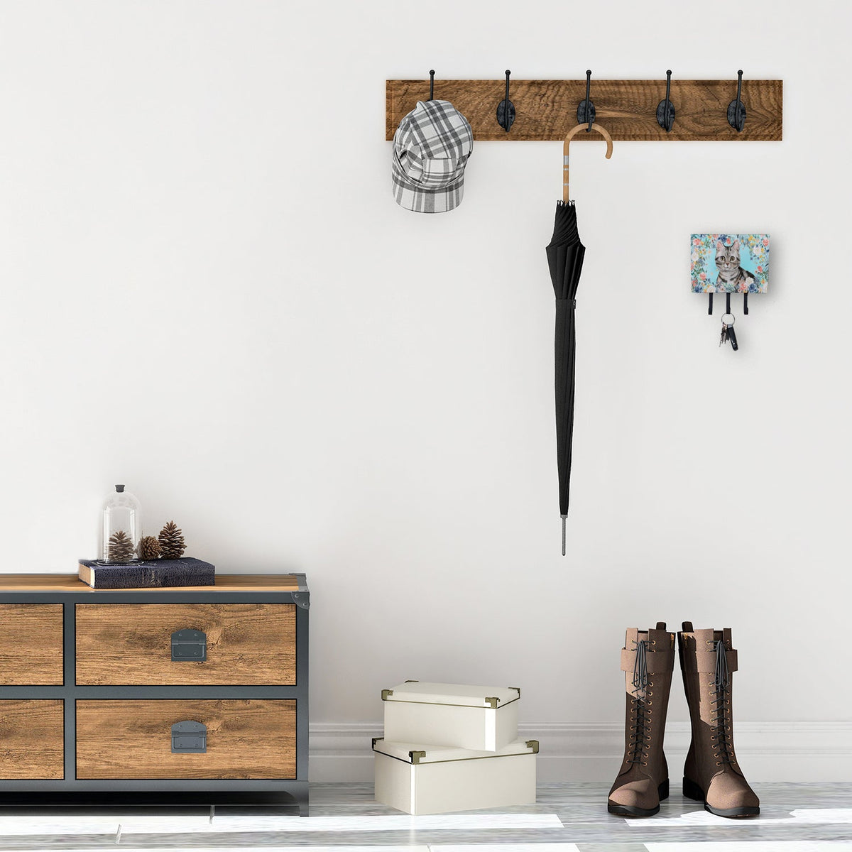 American Shorthair Spring Flowers Leash or Key Holder Wall Hooks, Coat Rack Wall Mount, for Hanging Keys, Towels, Aprons, Leashes