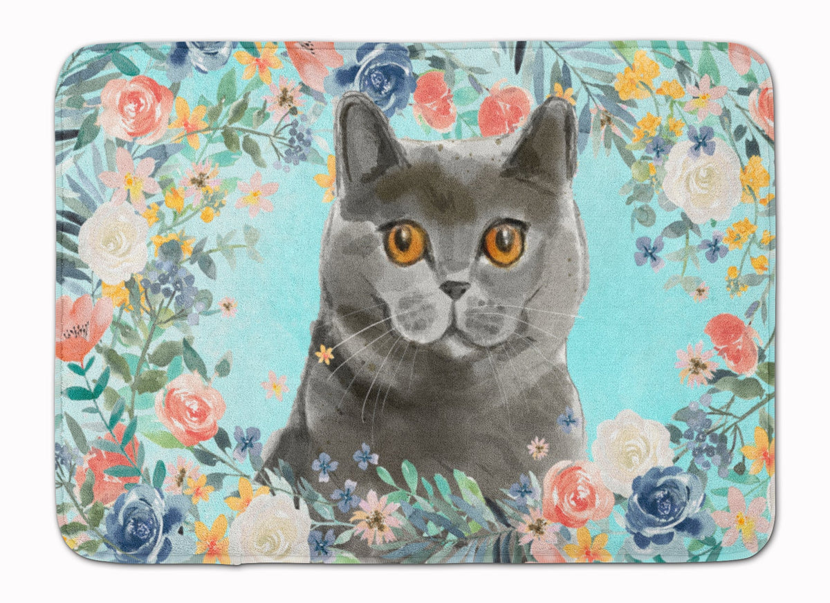 British Shorthair Spring Flowers Memory Foam Kitchen Mat Machine Washable Anti-Fatigue Cushion Comfort Bath or Kitchen Rug