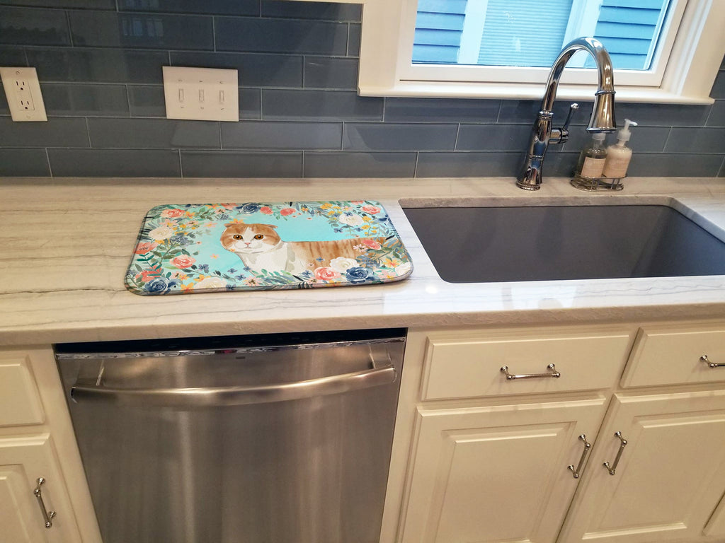 Scottish Fold Spring Flowers Dish Drying Mat Absorbent Dish Drying Mat Pad for Kitchen Counter Dish Drainer Mat for Countertop, 14 x 21", Multicolor