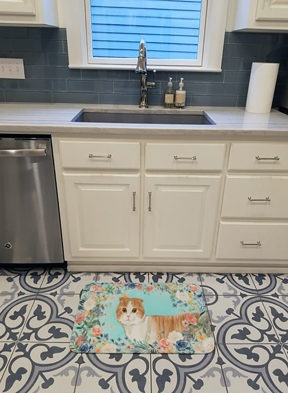 Scottish Fold Spring Flowers Memory Foam Kitchen Mat Machine Washable Anti-Fatigue Cushion Comfort Bath or Kitchen Rug