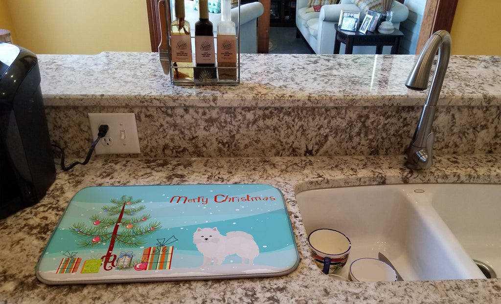 American Eskimo Christmas Tree Dish Drying Mat Absorbent Dish Drying Mat Pad for Kitchen Counter Dish Drainer Mat for Countertop, 14 x 21", Multicolor
