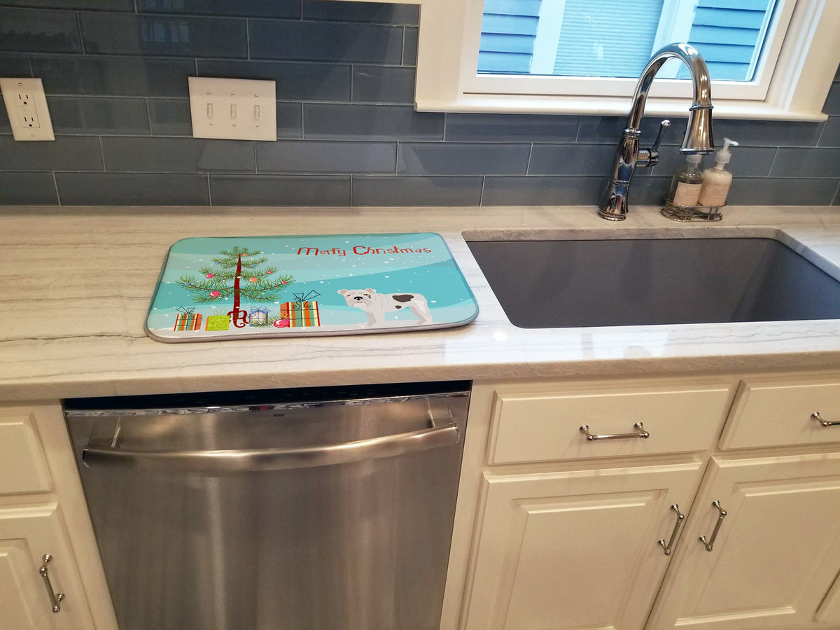 Bulldog, English Bulldog Christmas Tree Dish Drying Mat Absorbent Dish Drying Mat Pad for Kitchen Counter Dish Drainer Mat for Countertop, 14 x 21", Multicolor