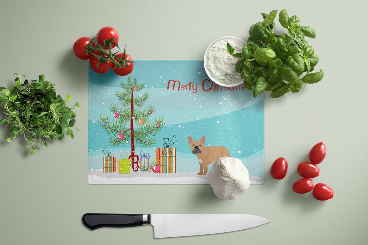 French Bulldog Christmas Tree Cutting Board Tempered Glass Kitchen Cutting Surface, Heat Resistant Chopping, Non-Slip Feet, Food Prep & Serving