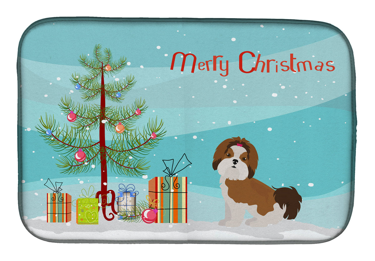 Imperial Shih Tzu Christmas Tree Dish Drying Mat Absorbent Dish Drying Mat Pad for Kitchen Counter Dish Drainer Mat for Countertop, 14 x 21", Multicolor