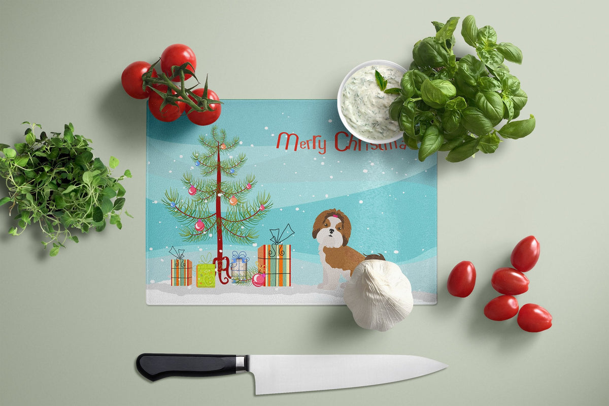 Imperial Shih Tzu Christmas Tree Cutting Board Tempered Glass Kitchen Cutting Surface, Heat Resistant Chopping, Non-Slip Feet, Food Prep & Serving