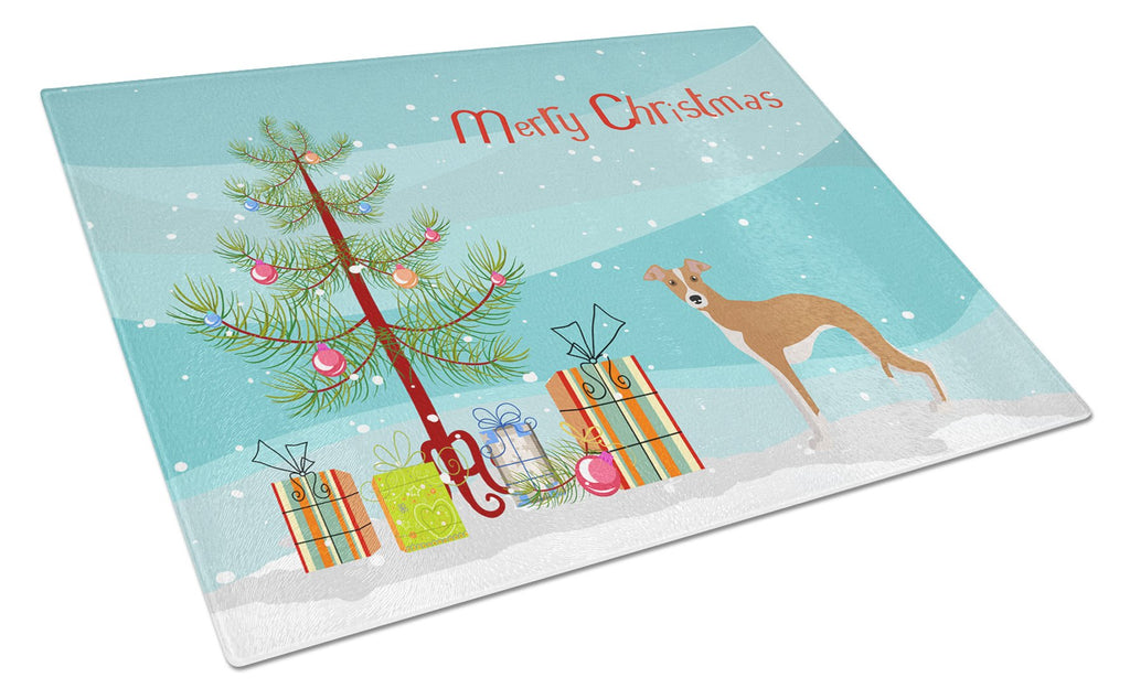 Italian Greyhound Christmas Tree Cutting Board Tempered Glass Kitchen Cutting Surface, Heat Resistant Chopping, Non-Slip Feet, Food Prep & Serving