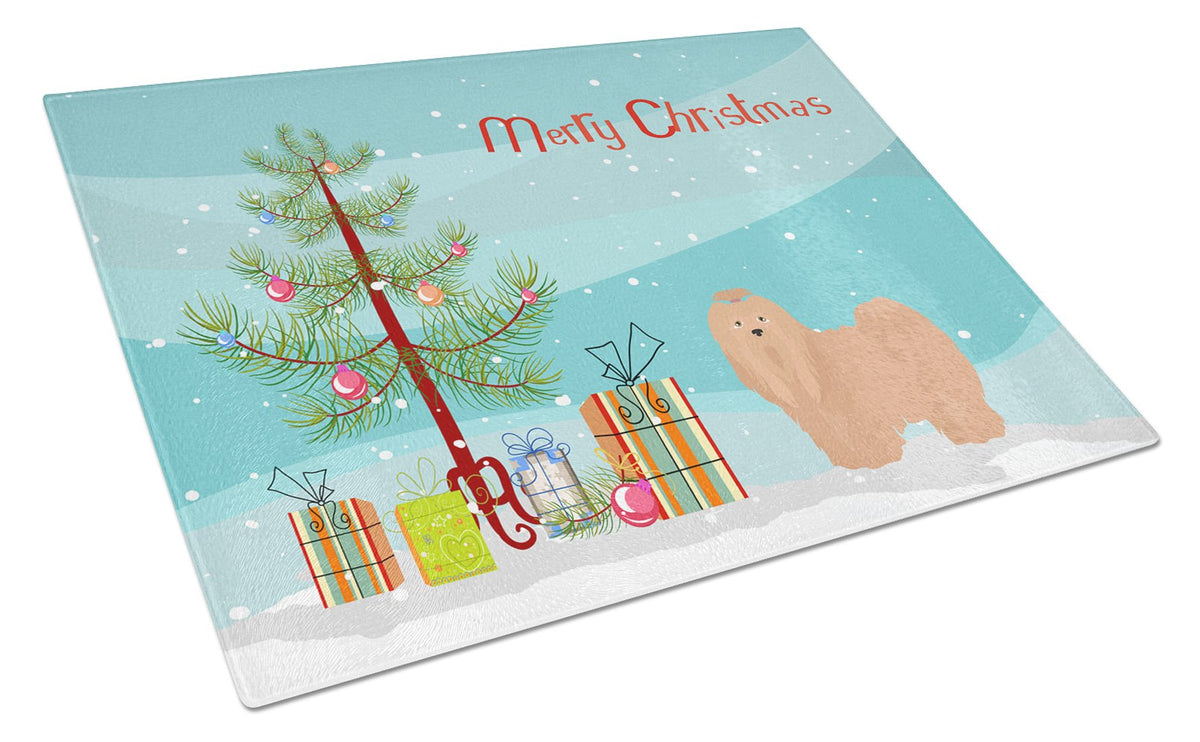 Tan Lhasa Apso Christmas Tree Cutting Board Tempered Glass Kitchen Cutting Surface, Heat Resistant Chopping, Non-Slip Feet, Food Prep & Serving