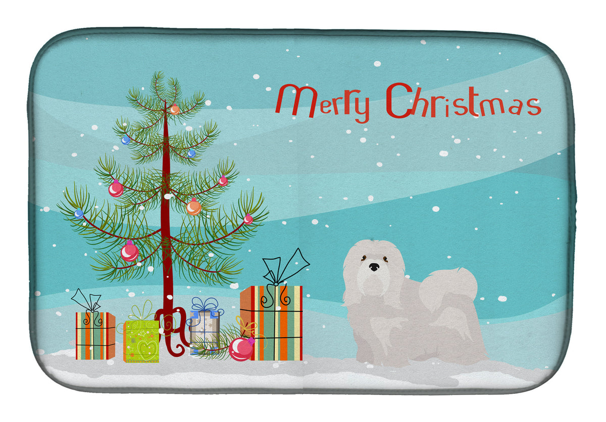 White Lhasa Apso Christmas Tree Dish Drying Mat Absorbent Dish Drying Mat Pad for Kitchen Counter Dish Drainer Mat for Countertop, 14 x 21", Multicolor