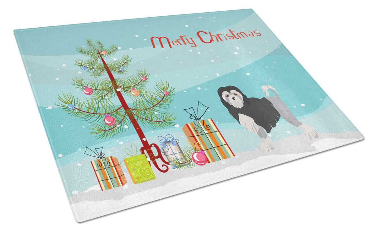 Lowchen or Little Lion Dog Christmas Tree Cutting Board Tempered Glass Kitchen Cutting Surface, Heat Resistant Chopping, Non-Slip Feet, Food Prep & Serving