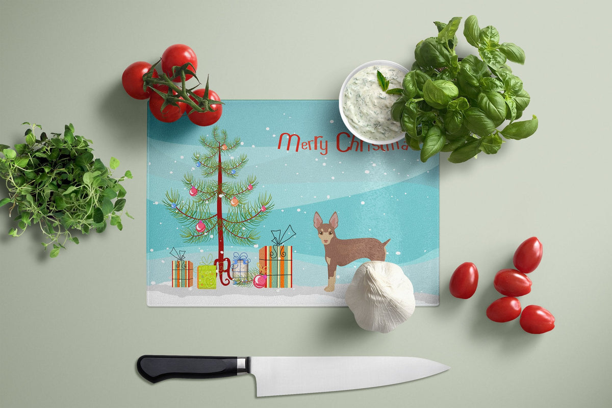 Miniature Fox Terrier Christmas Tree Cutting Board Tempered Glass Kitchen Cutting Surface, Heat Resistant Chopping, Non-Slip Feet, Food Prep & Serving