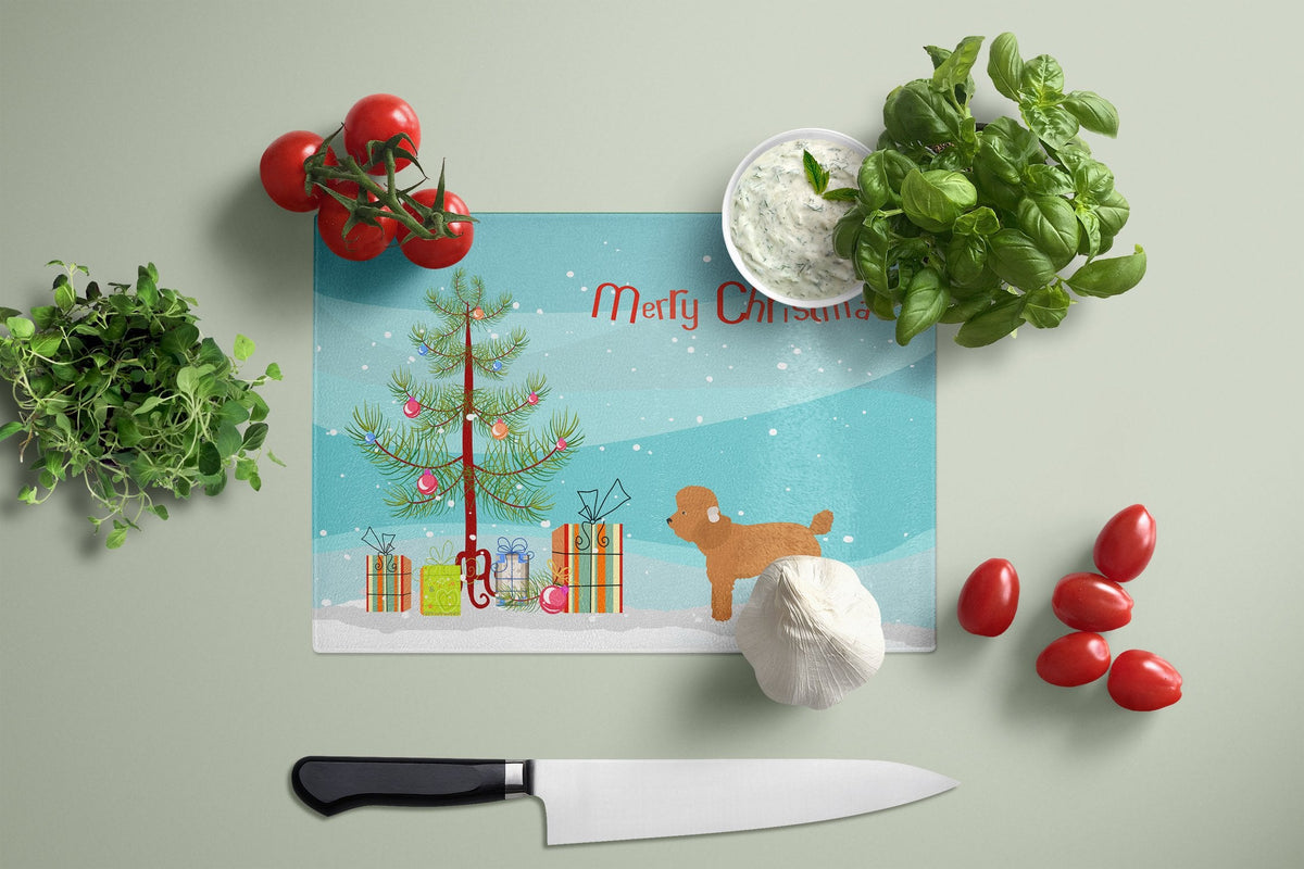 Toy Poodle Christmas Tree Cutting Board Tempered Glass Kitchen Cutting Surface, Heat Resistant Chopping, Non-Slip Feet, Food Prep & Serving