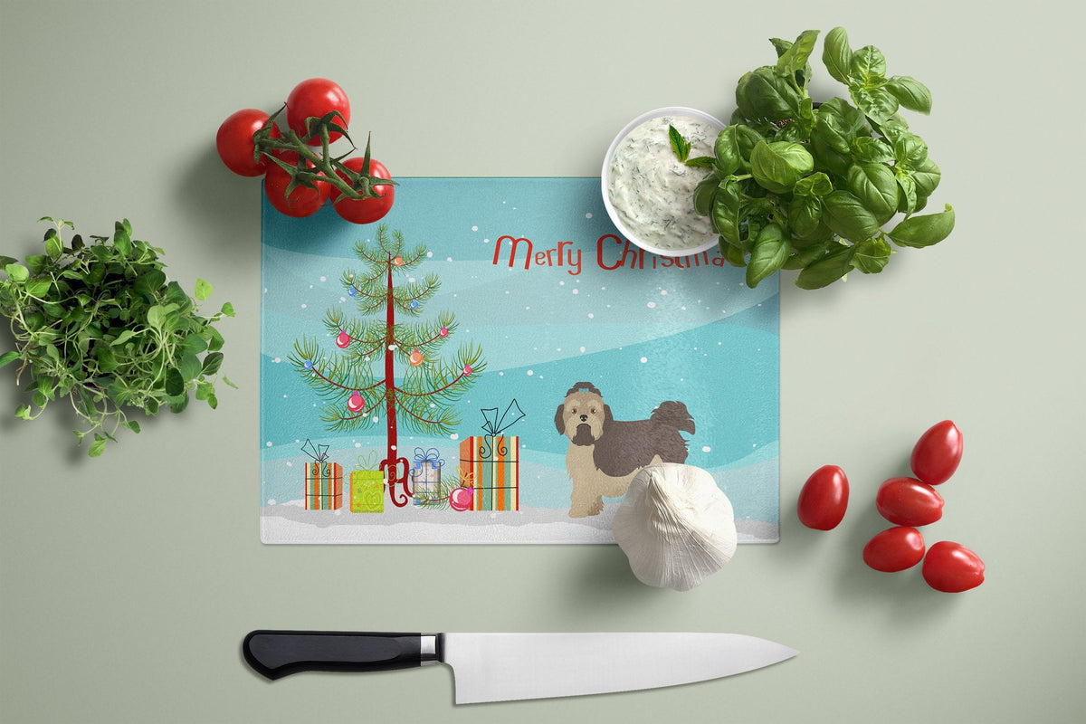 Russian Tsvetnaya Bolonka Lap Dog  Christmas Tree Cutting Board Tempered Glass Kitchen Cutting Surface, Heat Resistant Chopping, Non-Slip Feet, Food Prep & Serving