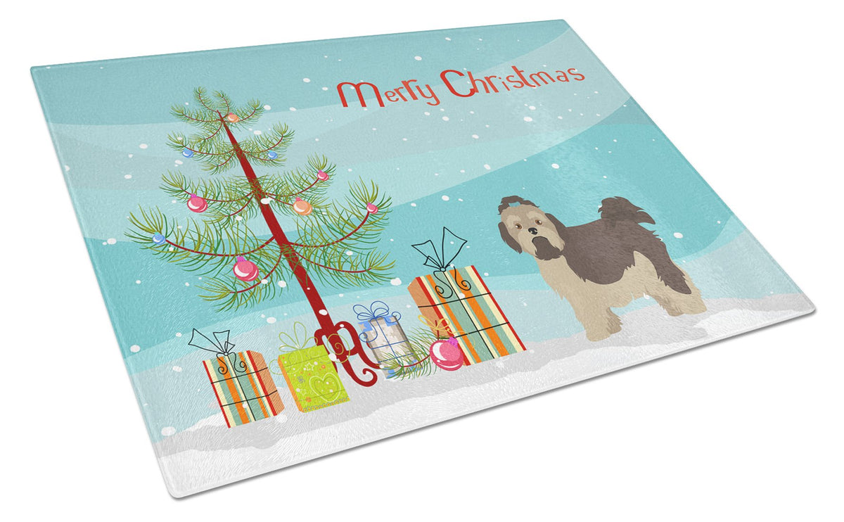Russian Tsvetnaya Bolonka Lap Dog  Christmas Tree Cutting Board Tempered Glass Kitchen Cutting Surface, Heat Resistant Chopping, Non-Slip Feet, Food Prep & Serving