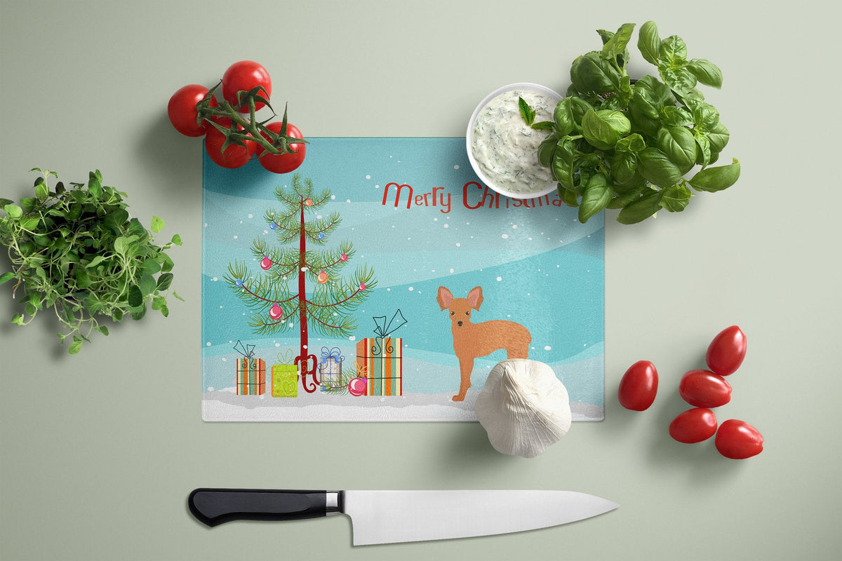 Russkiy Toy or Russian Toy Terrier Christmas Tree Cutting Board Tempered Glass Kitchen Cutting Surface, Heat Resistant Chopping, Non-Slip Feet, Food Prep & Serving
