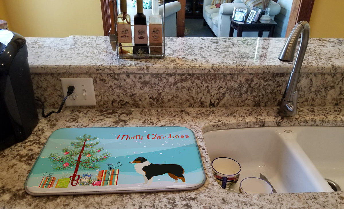 Australian Shepherd Christmas Tree Dish Drying Mat Absorbent Dish Drying Mat Pad for Kitchen Counter Dish Drainer Mat for Countertop, 14 x 21", Multicolor