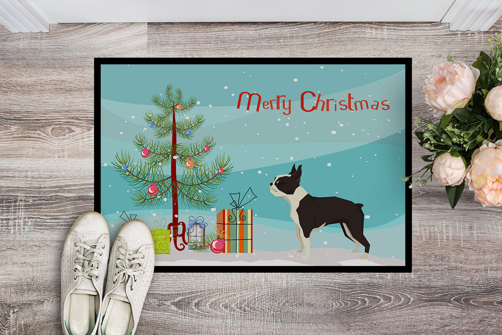 Boston Terrier Christmas Tree Doormat Indoor Outdoor 24H X 36W Front Door Mat Rugs for Entryway, Non Slip Washable Low Pile,