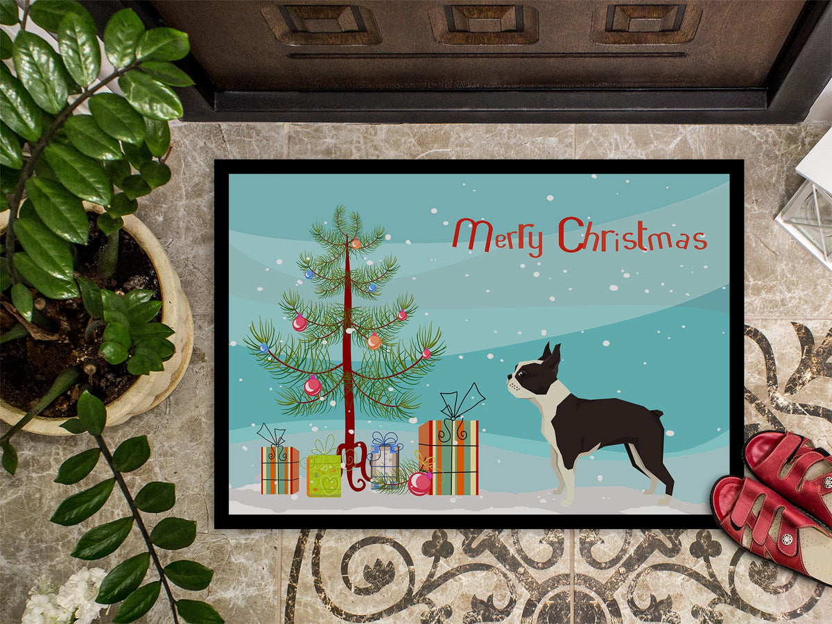 Boston Terrier Christmas Tree Doormat Indoor Outdoor 24H X 36W Front Door Mat Rugs for Entryway, Non Slip Washable Low Pile,