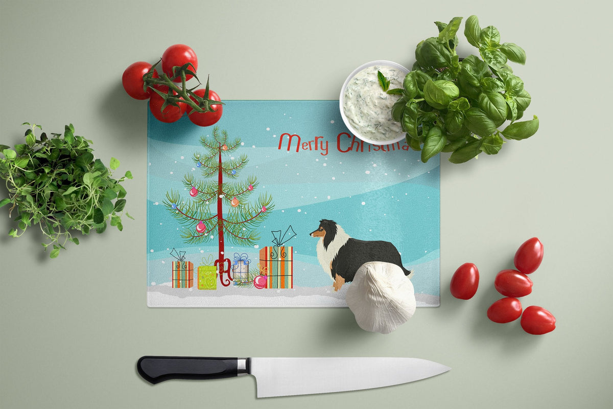 Collie Christmas Tree Cutting Board Tempered Glass Kitchen Cutting Surface, Heat Resistant Chopping, Non-Slip Feet, Food Prep & Serving