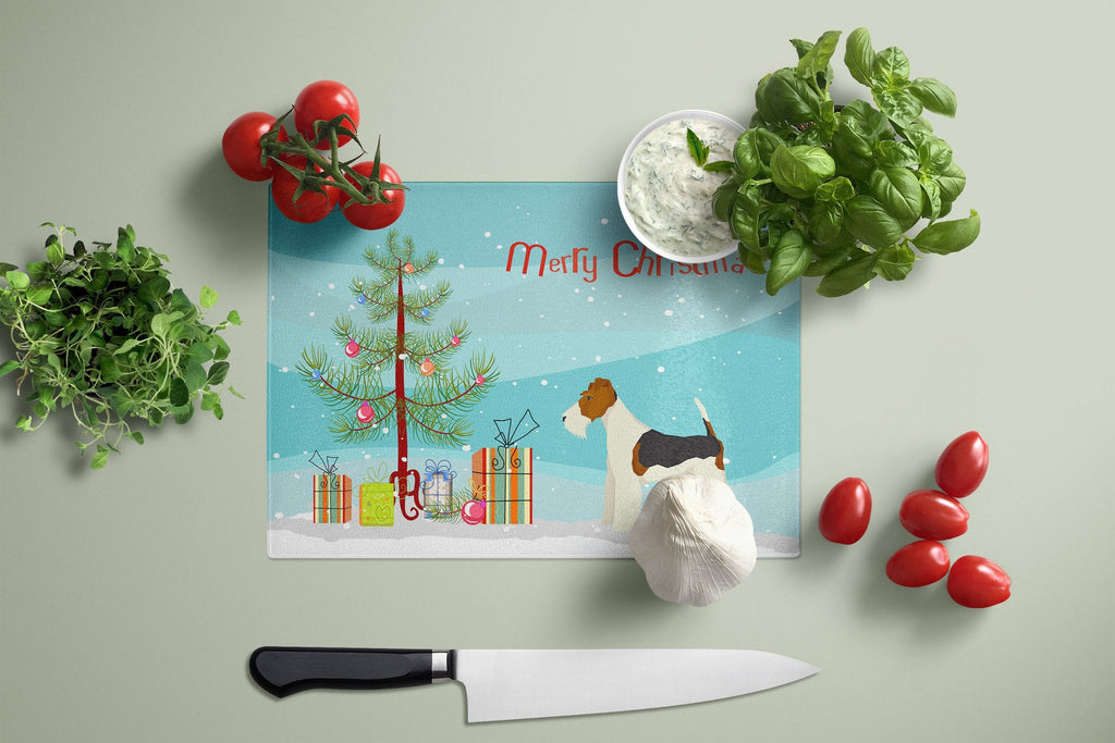 Fox Terrier Christmas Tree Cutting Board Tempered Glass Kitchen Cutting Surface, Heat Resistant Chopping, Non-Slip Feet, Food Prep & Serving