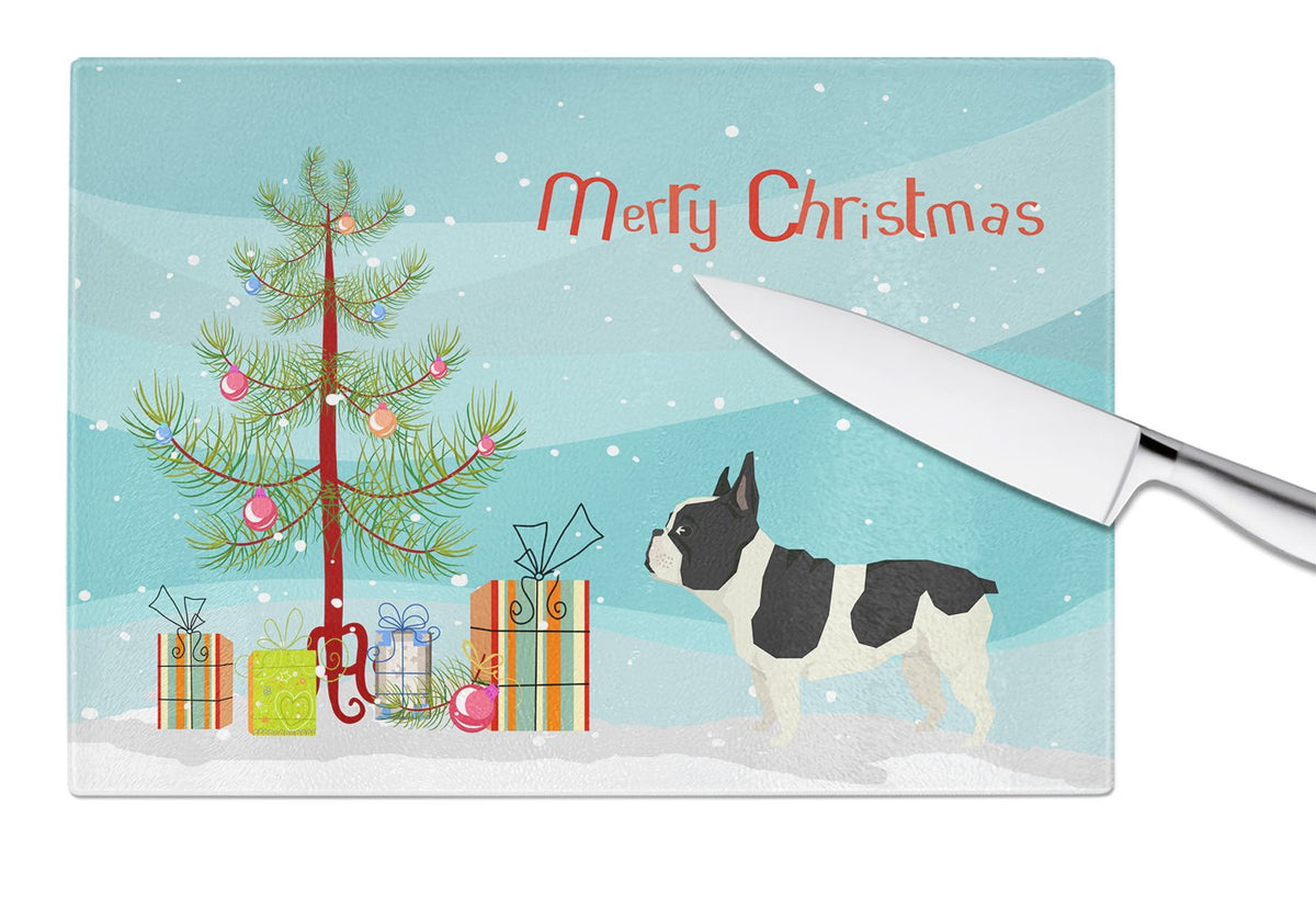 French Bulldog Christmas Tree Cutting Board Tempered Glass Kitchen Cutting Surface, Heat Resistant Chopping, Non-Slip Feet, Food Prep & Serving