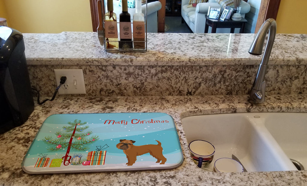 Brussels Griffon Christmas Tree Dish Drying Mat Absorbent Dish Drying Mat Pad for Kitchen Counter Dish Drainer Mat for Countertop, 14 x 21", Multicolor