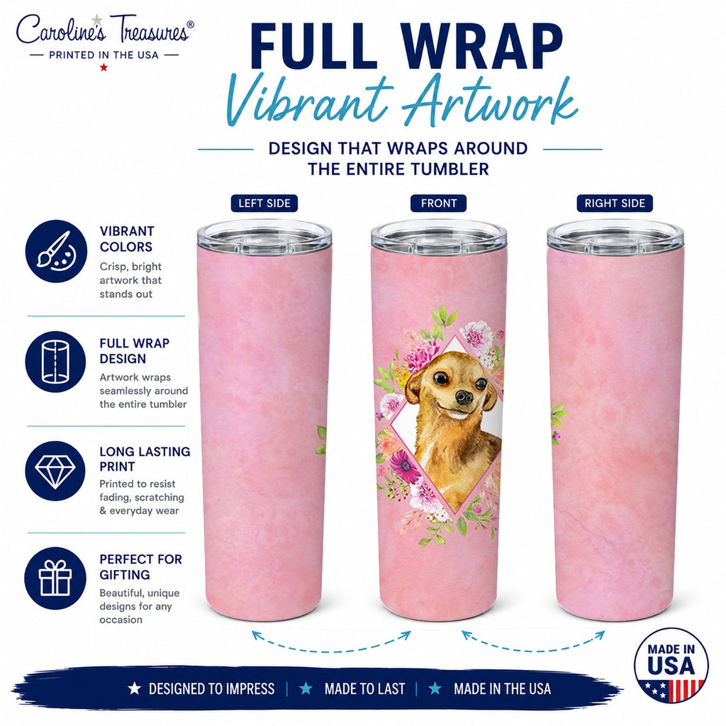 Chihuahua #1 Pink Flowers Stainless Steel Skinny Tumbler 20 oz Vacuum Double Walled Reusable Insulated Travel Cup