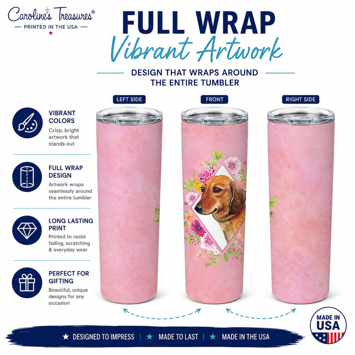 Dachshund Red #1 Pink Flowers Stainless Steel Skinny Tumbler 20 oz Vacuum Double Walled Reusable Insulated Travel Cup