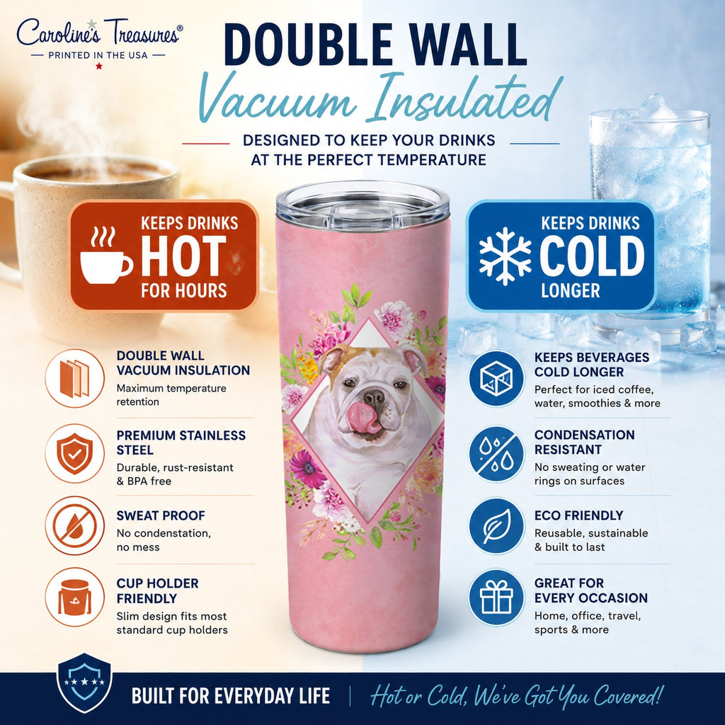 English Bulldog Pink Flowers Stainless Steel Skinny Tumbler 20 oz Vacuum Double Walled Reusable Insulated Travel Cup
