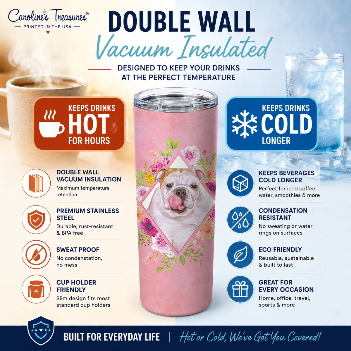 English Bulldog Pink Flowers Stainless Steel Skinny Tumbler 20 oz Vacuum Double Walled Reusable Insulated Travel Cup