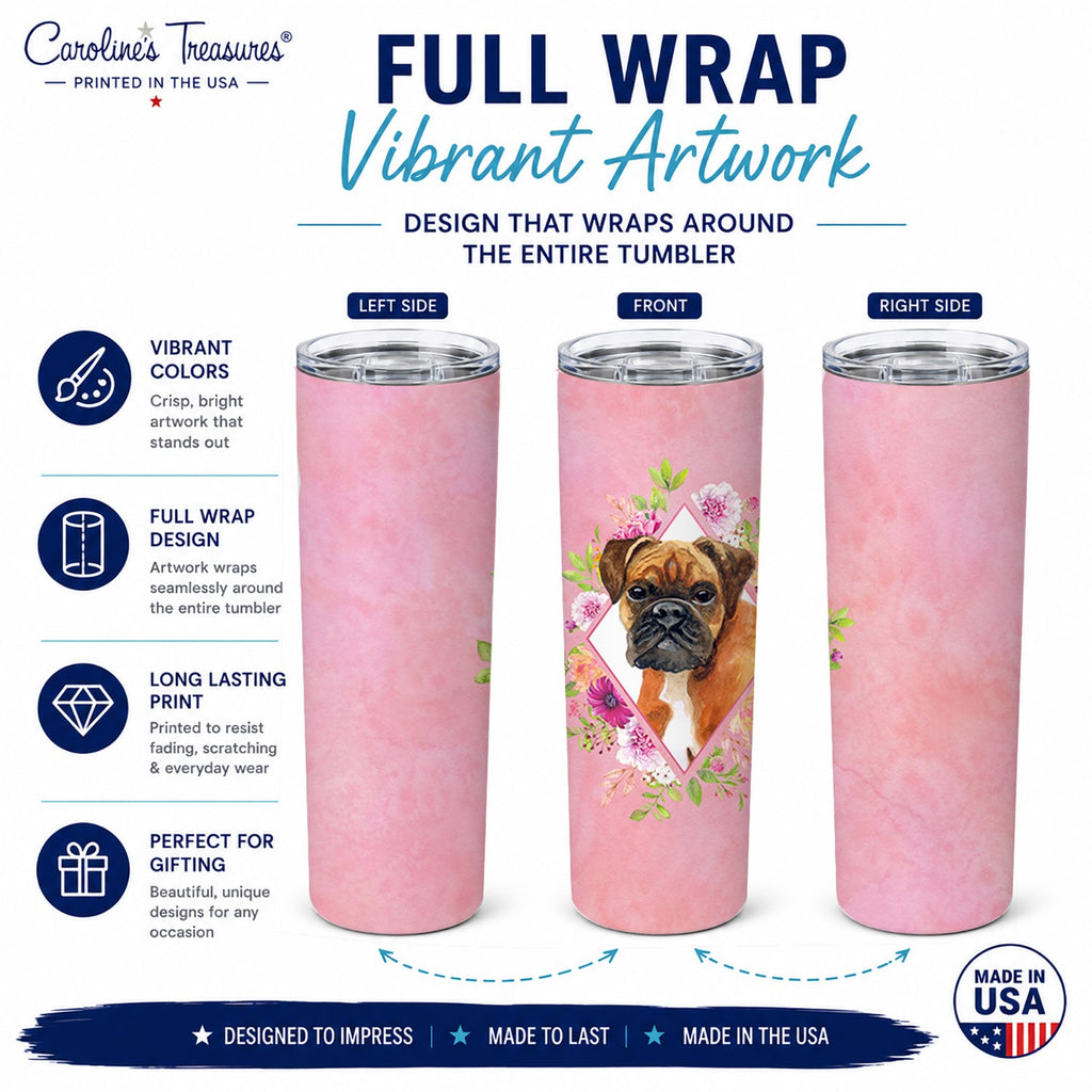 German Boxer Pink Flowers Stainless Steel Skinny Tumbler 20 oz Vacuum Double Walled Reusable Insulated Travel Cup