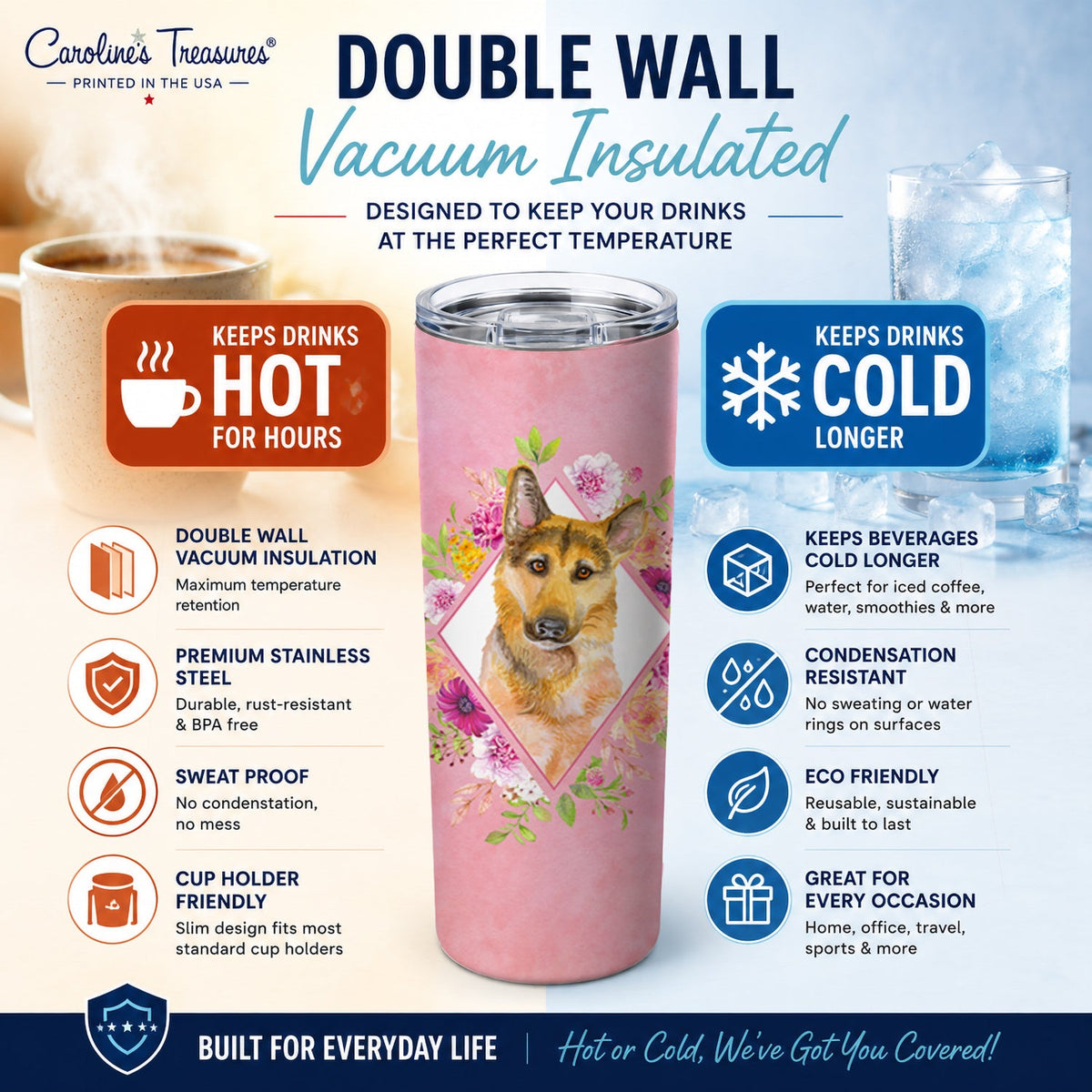 German Shepherd #2 Pink Flowers Stainless Steel Skinny Tumbler 20 oz Vacuum Double Walled Reusable Insulated Travel Cup