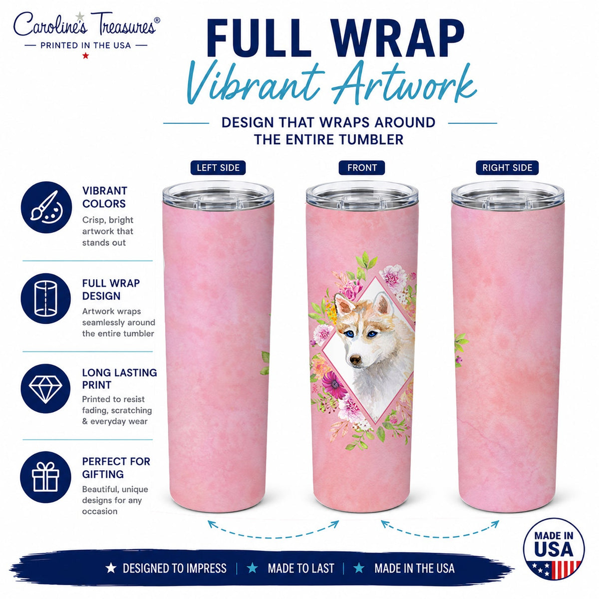 Red Siberian Husky Pink Flowers Stainless Steel Skinny Tumbler 20 oz Vacuum Double Walled Reusable Insulated Travel Cup